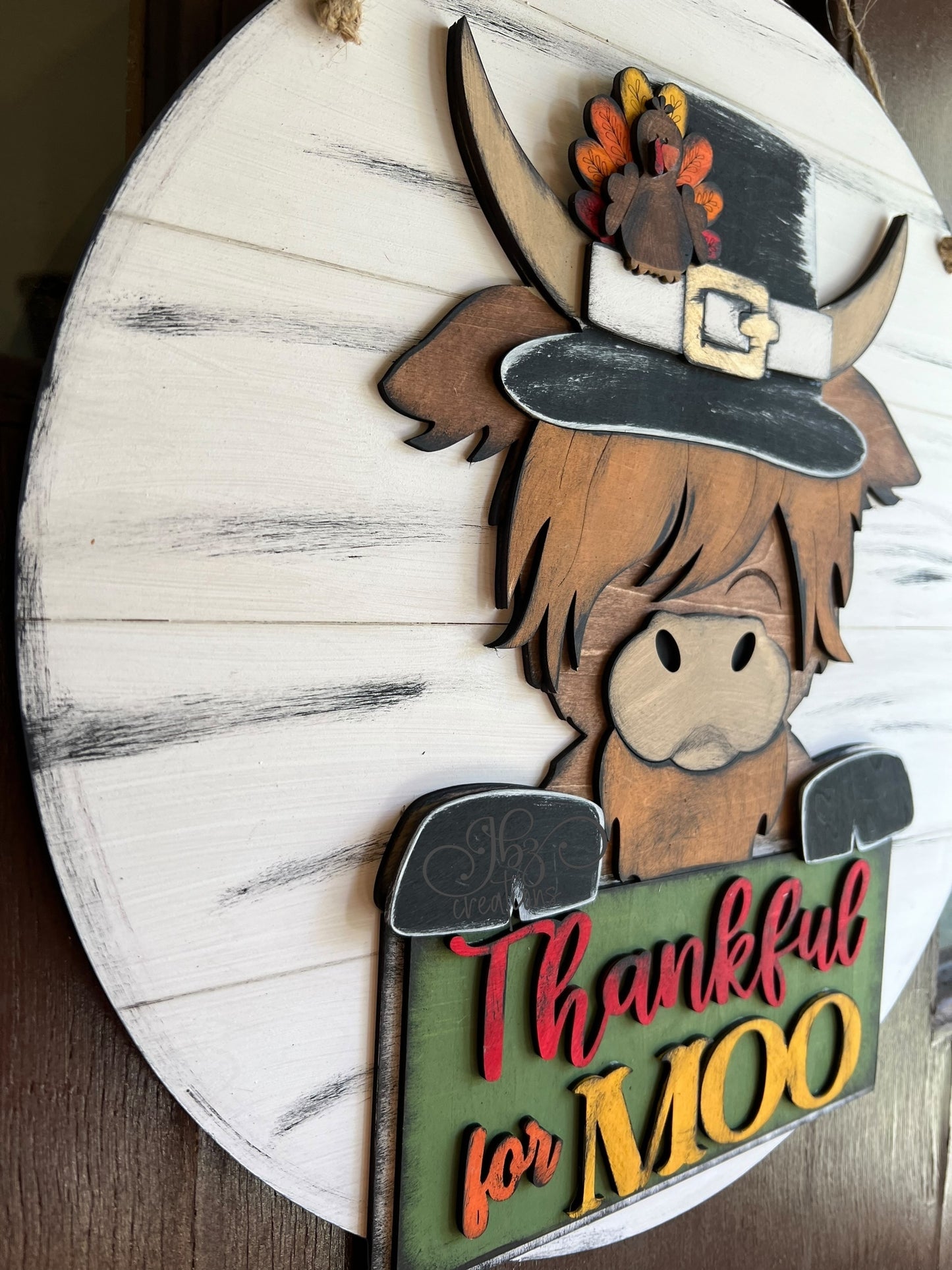 Thankful for Moo Highland Cow Thanksgiving Round Door Sign