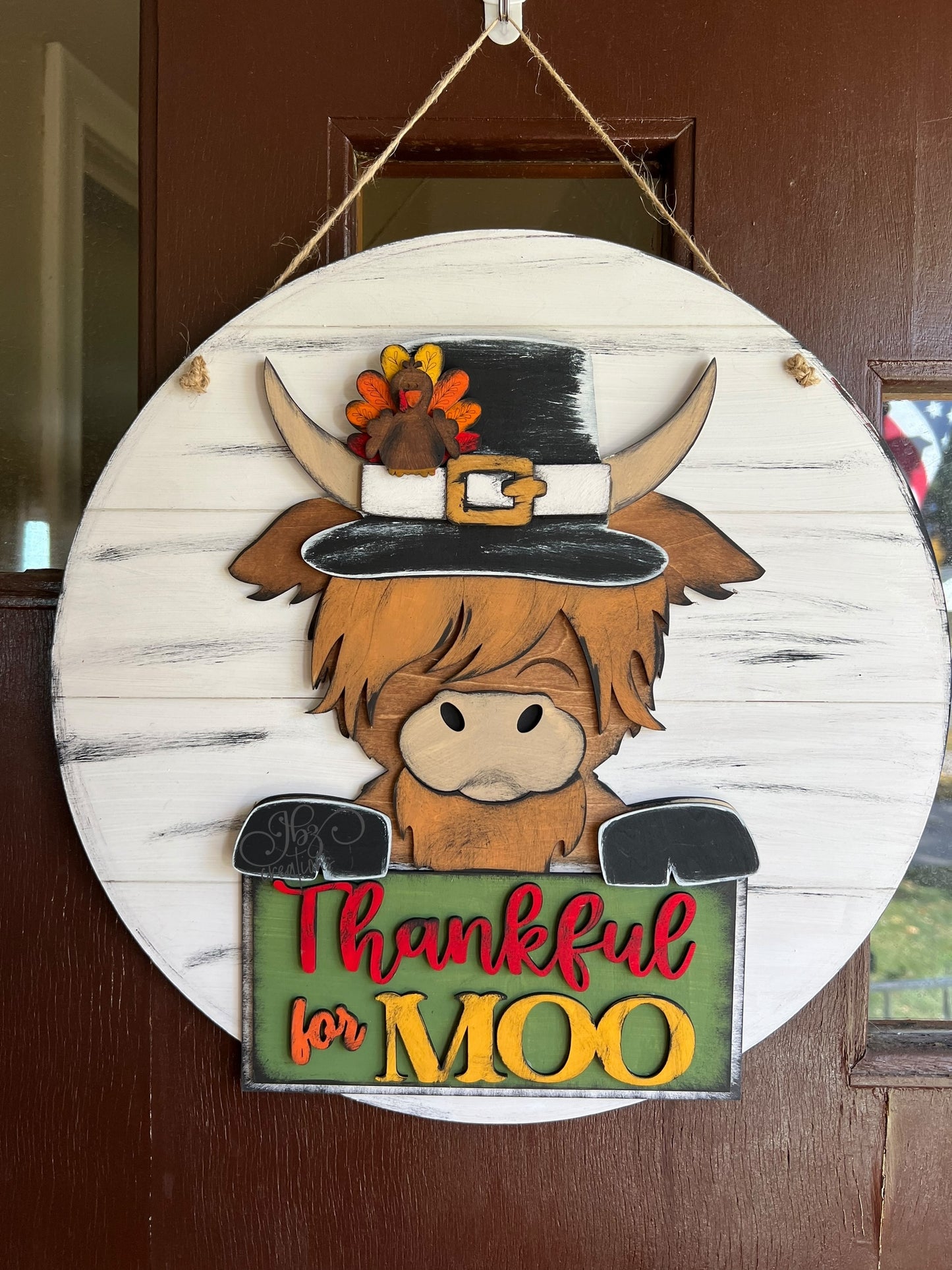 Thankful for Moo Highland Cow Thanksgiving Round Door Sign