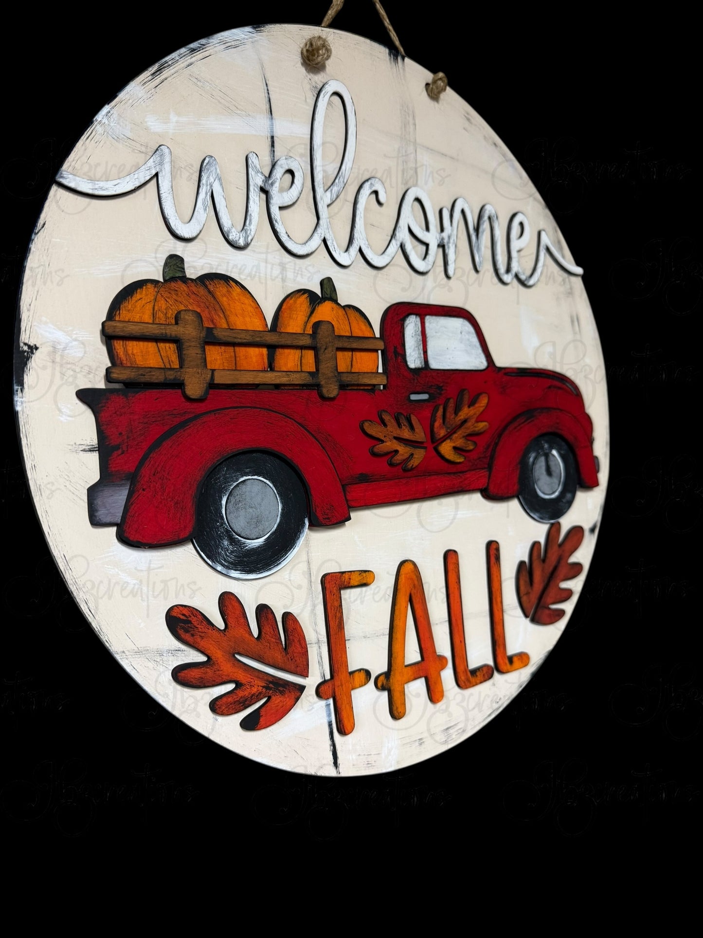 Welcome Fall Retro Truck load of Pumpkins Round Door Hanger Welcome Sign