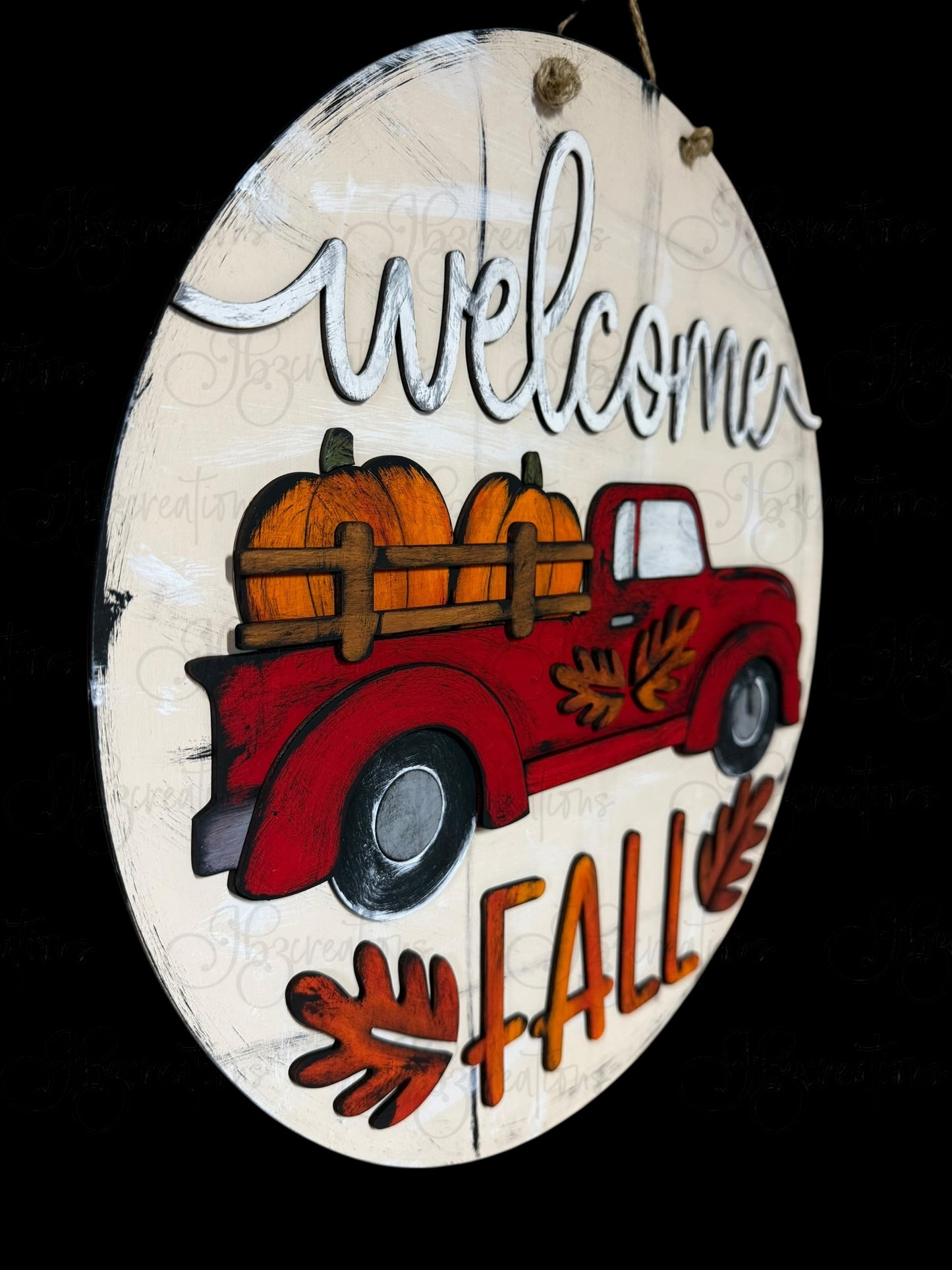 Welcome Fall Retro Truck load of Pumpkins Round Door Hanger Welcome Sign