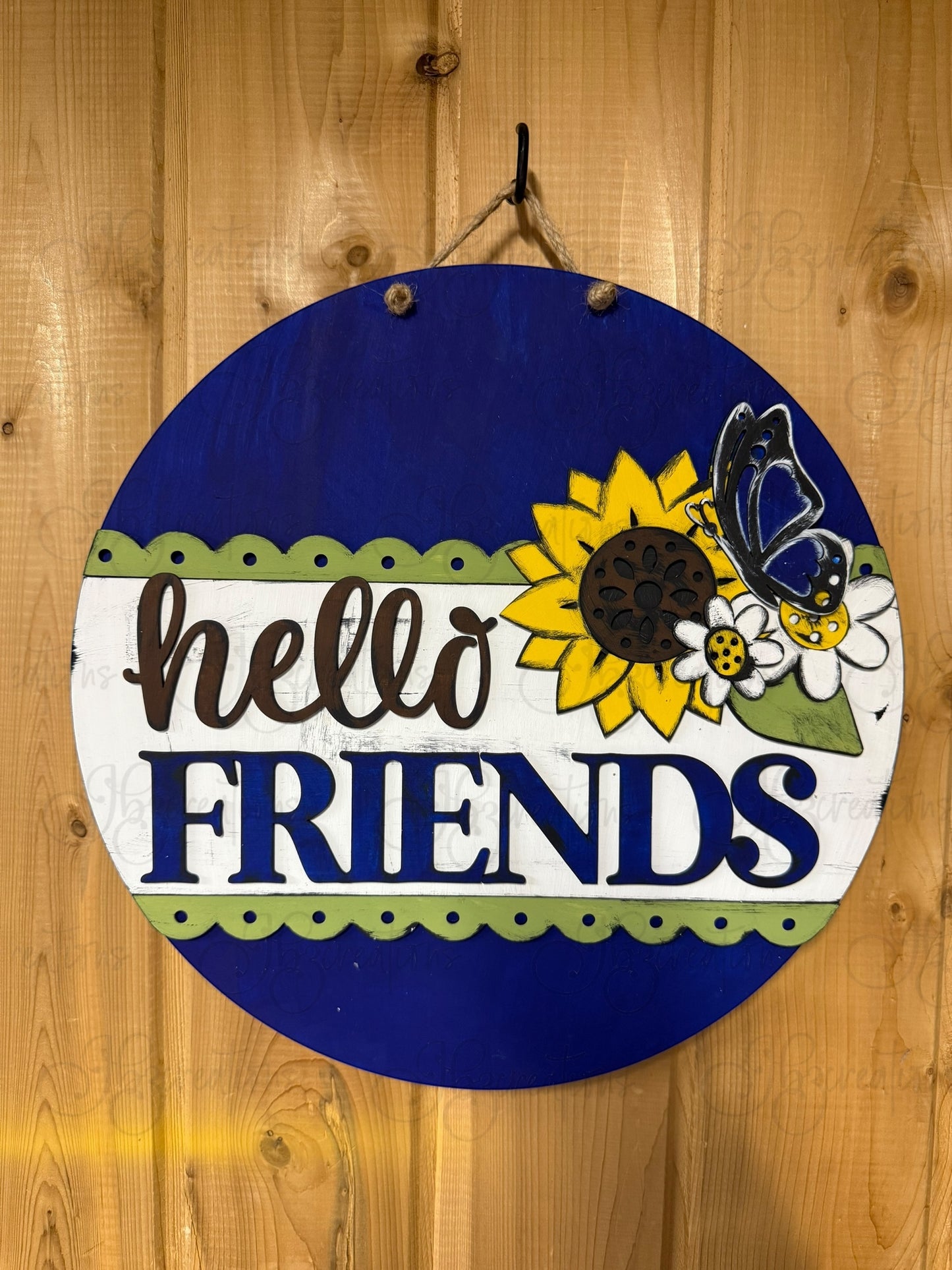 Hello Friends Sunflower Round Door Hanger Welcome Sign