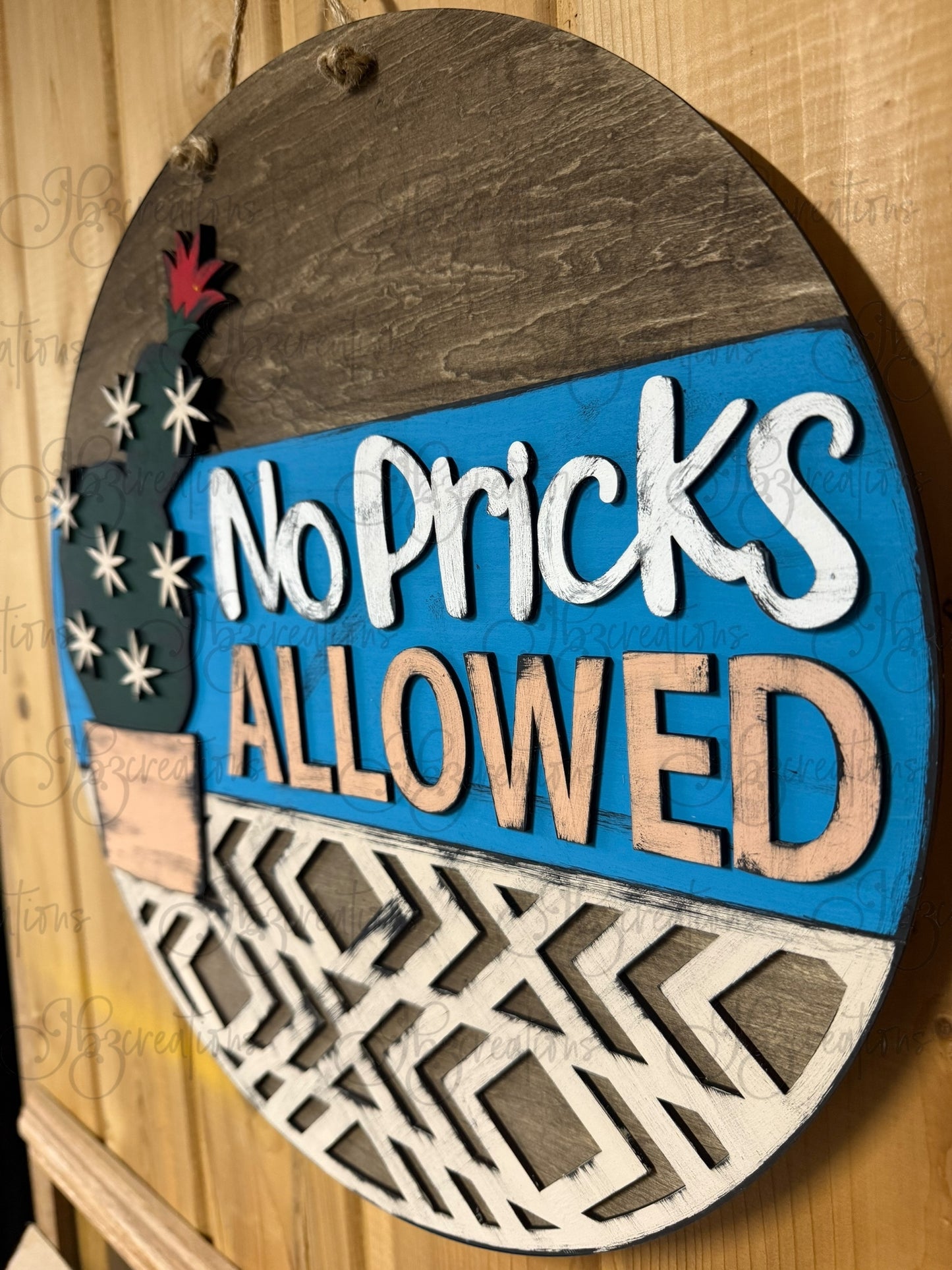 Potted Plant Cactus Round Sign No Pricks Allowed Round Door Sign Plant Welcome Sign