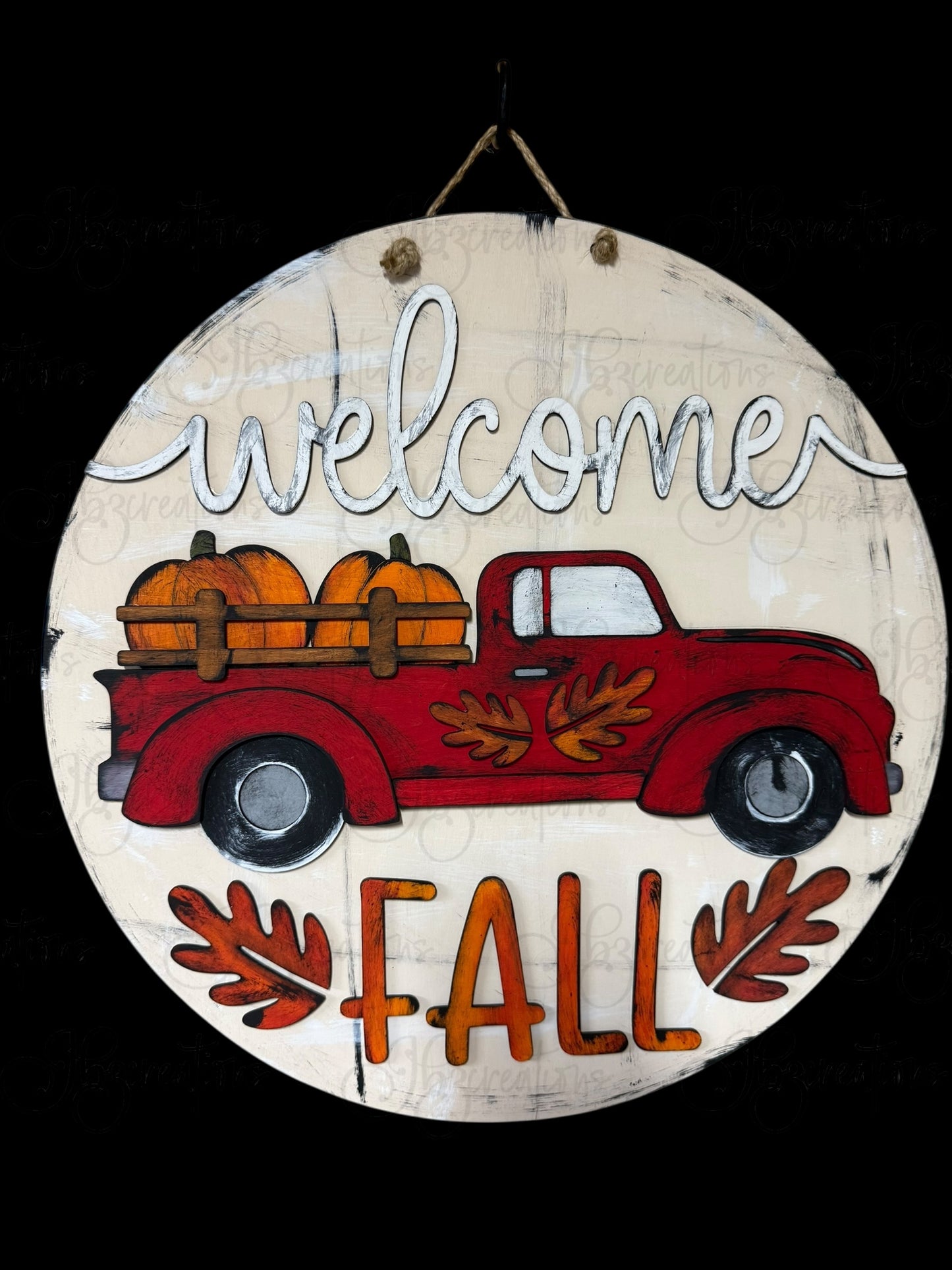 Welcome Fall Retro Truck load of Pumpkins Round Door Hanger Welcome Sign