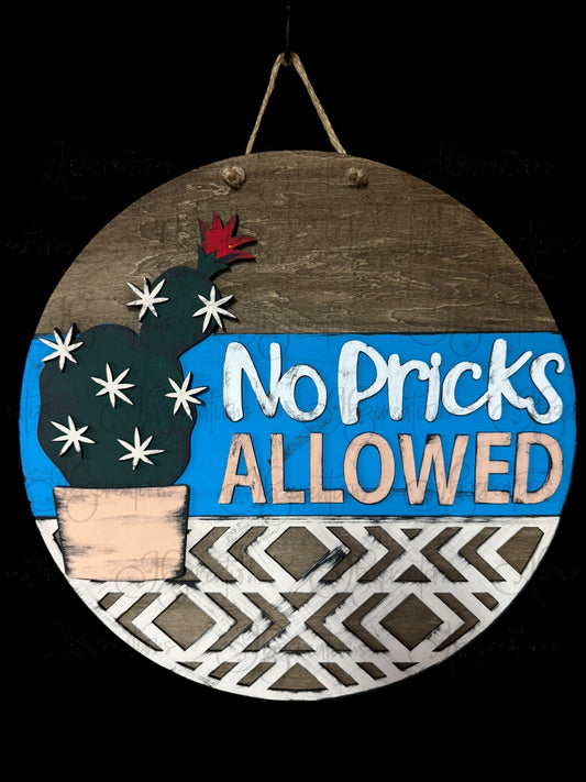 Potted Plant Cactus Round Sign No Pricks Allowed Round Door Sign Plant Welcome Sign