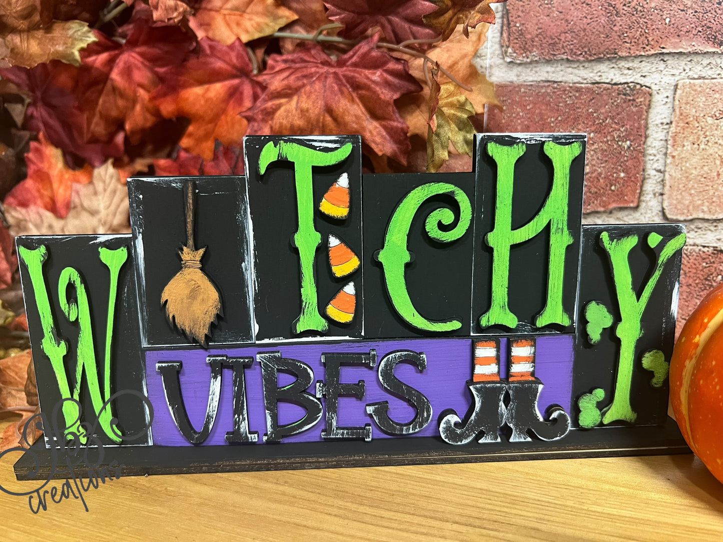 Witchy Vibes Happy Halloween Decor Halloween Shelf Sitter Halloween Pumpkin Sign for Mantle Pumpkin Decor