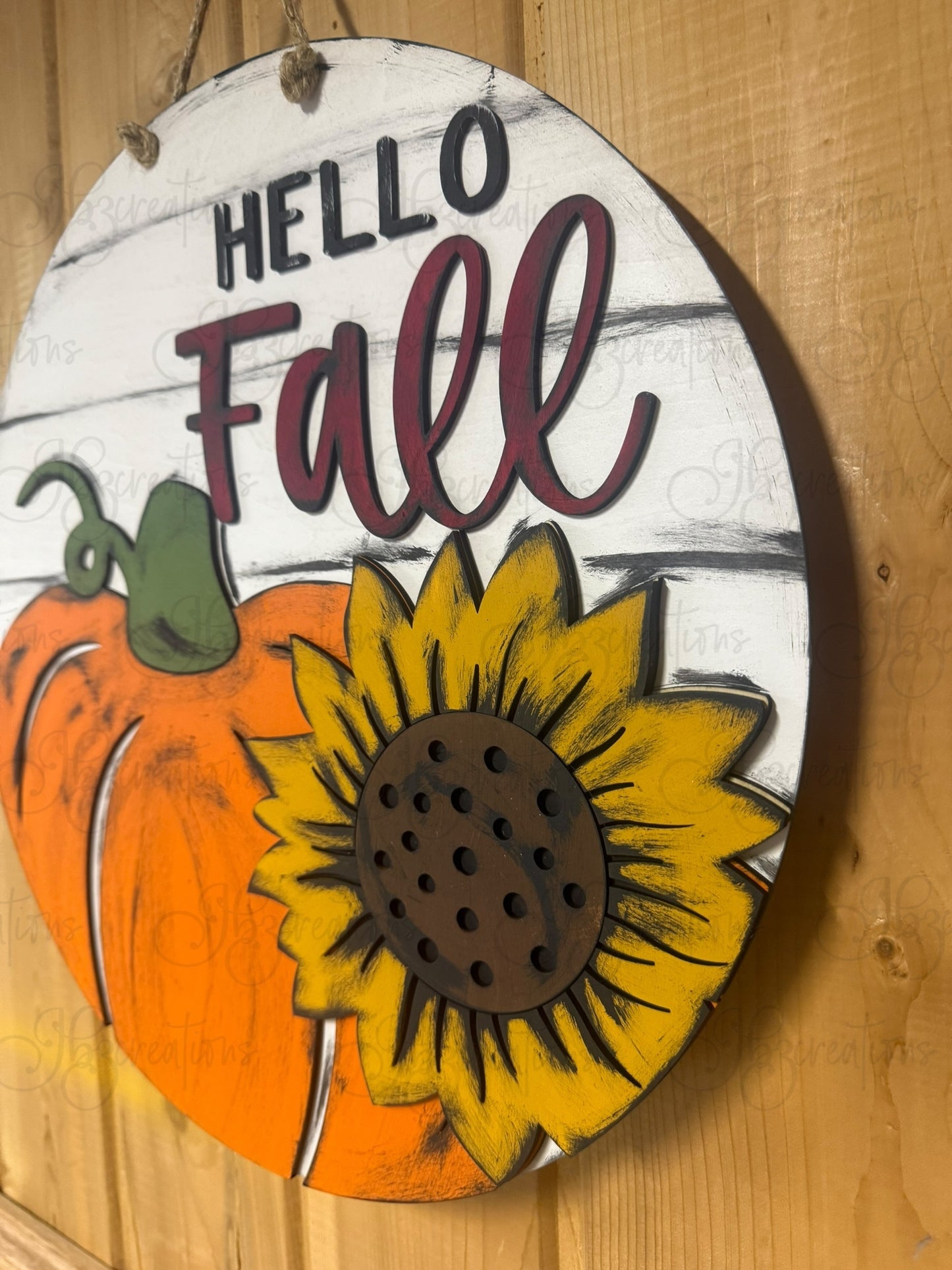 Hello Fall Pumpkin and Sunflower Round Door Hanger Welcome Sign