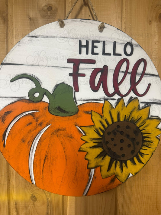 Hello Fall Pumpkin and Sunflower Round Door Hanger Welcome Sign