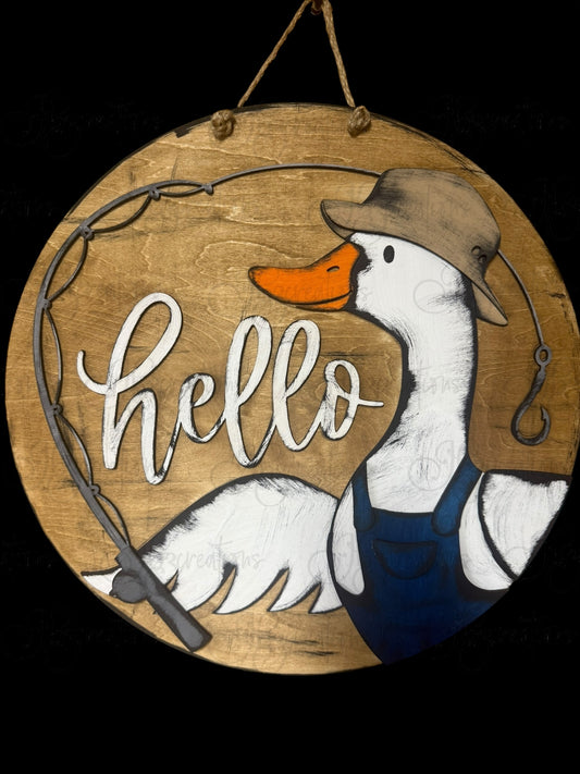 Goose Fisherman Hello Welcome Door Hanger Door Welcome Round Sign