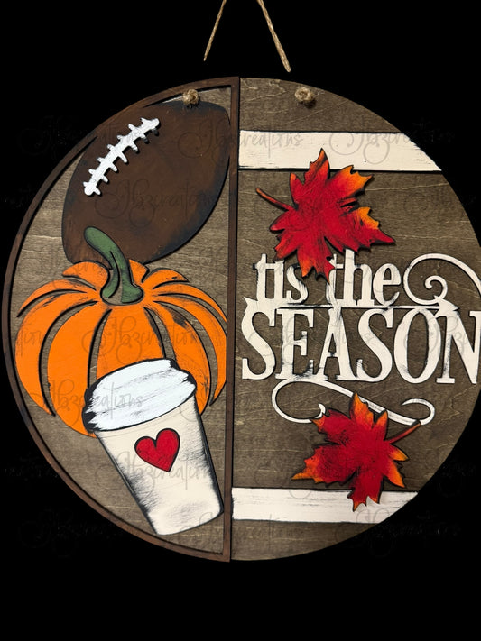 Autumn Tis the Season Football, Pumpkin and Latte Cup with a Heart Round Door Hanger Welcome Sign