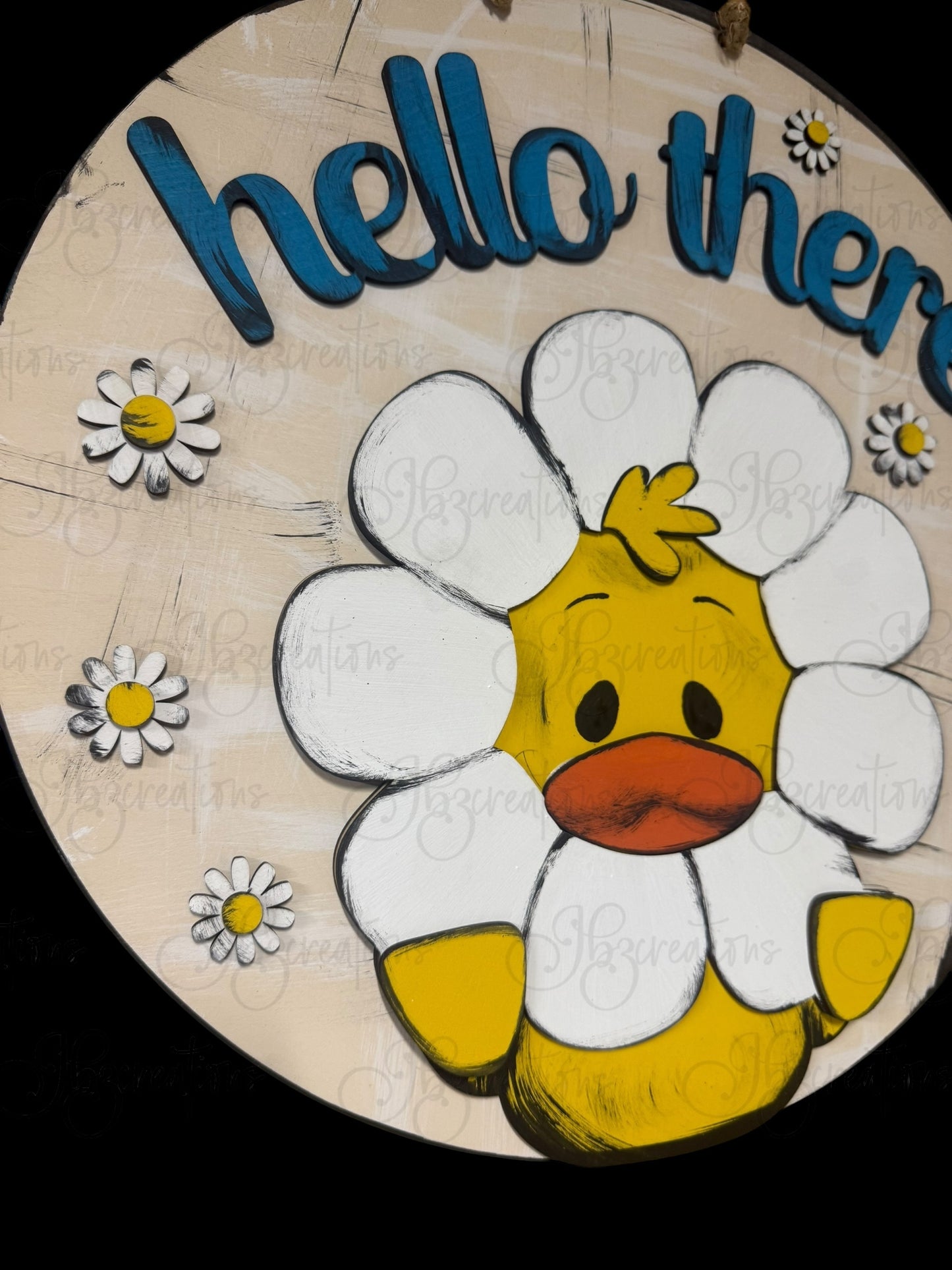 Duck Holding a Daisy Hello There Welcome Door Hanger Door Welcome Round Sign