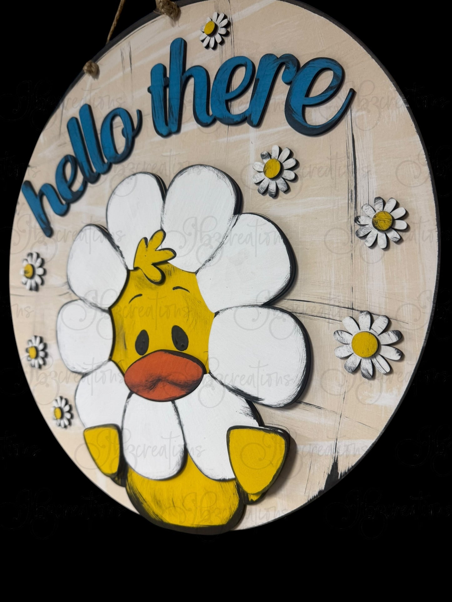 Duck Holding a Daisy Hello There Welcome Door Hanger Door Welcome Round Sign