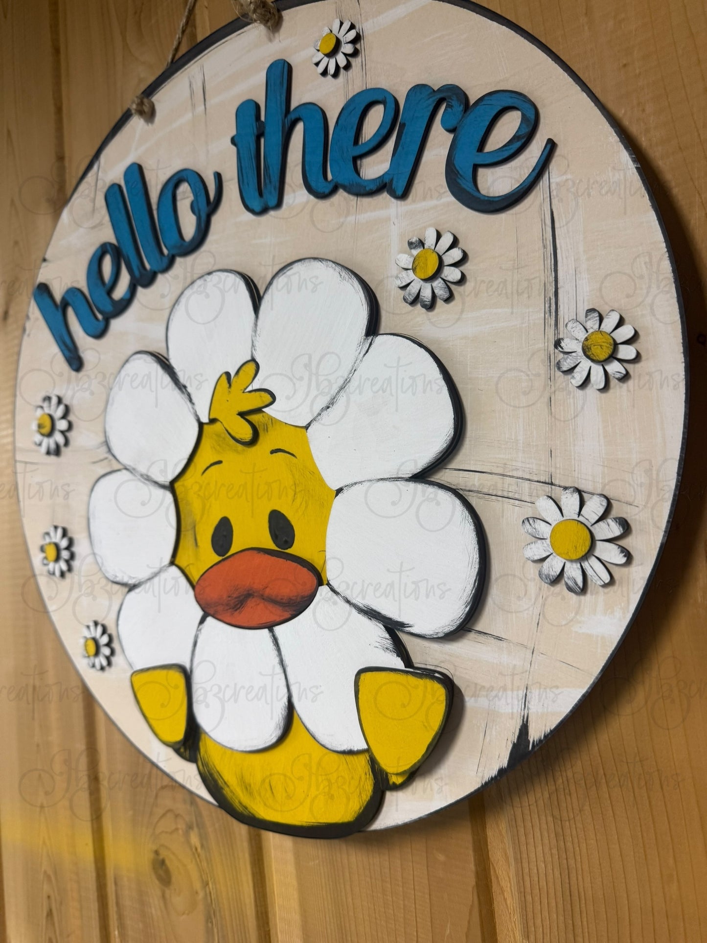 Duck Holding a Daisy Hello There Welcome Door Hanger Door Welcome Round Sign