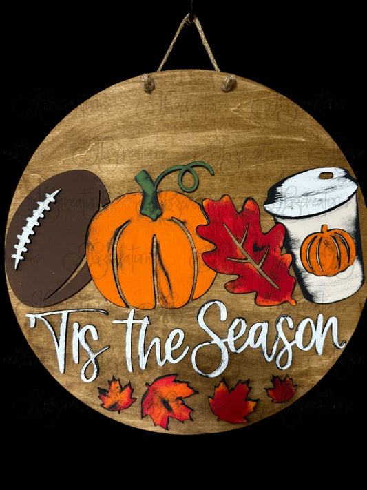 Autumn Tis the Season Football, Pumpkin and Latte Cup with a Pumpkin Round Door Hanger Welcome Sign