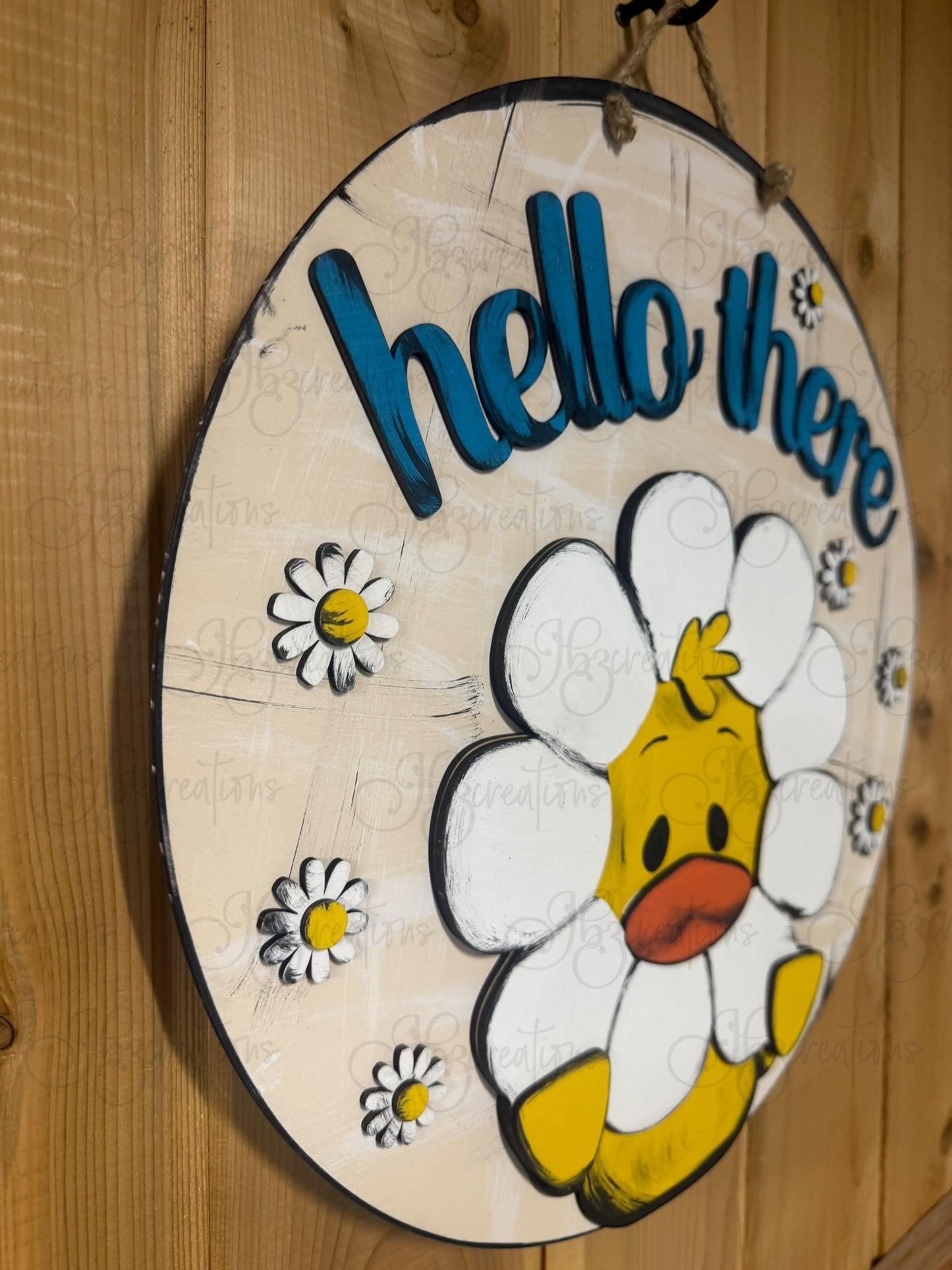 Duck Holding a Daisy Hello There Welcome Door Hanger Door Welcome Round Sign