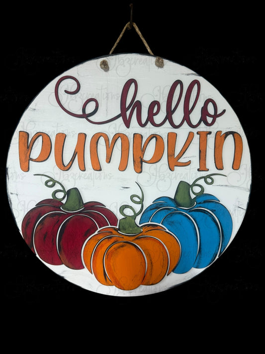 Hello Pumpkin Autumn Welcome Round Door Hanger Fall Welcome Sign