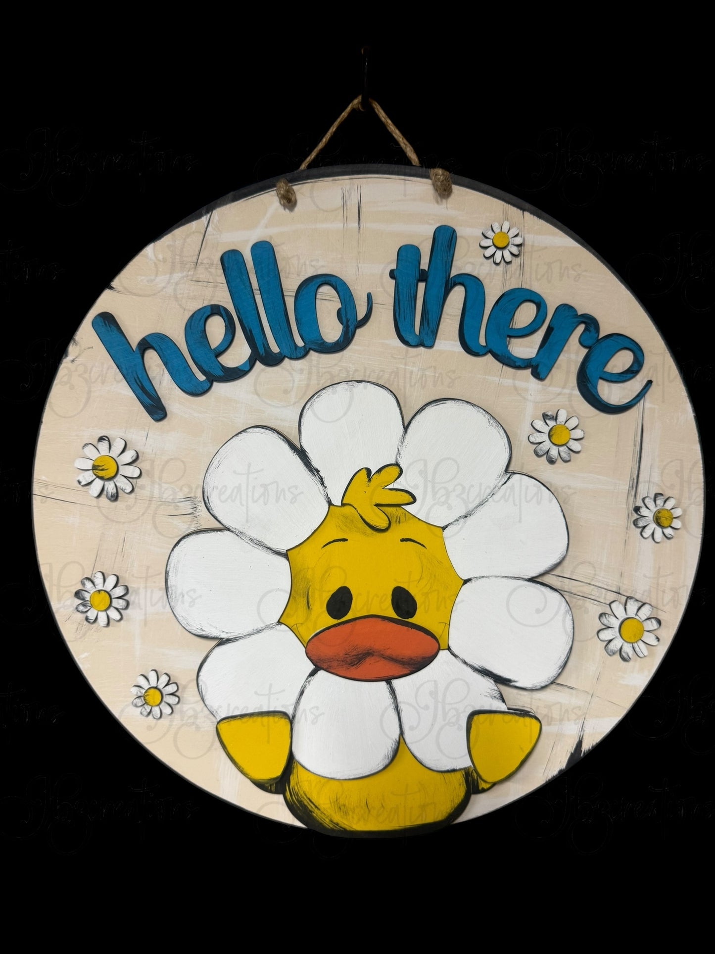 Duck Holding a Daisy Hello There Welcome Door Hanger Door Welcome Round Sign