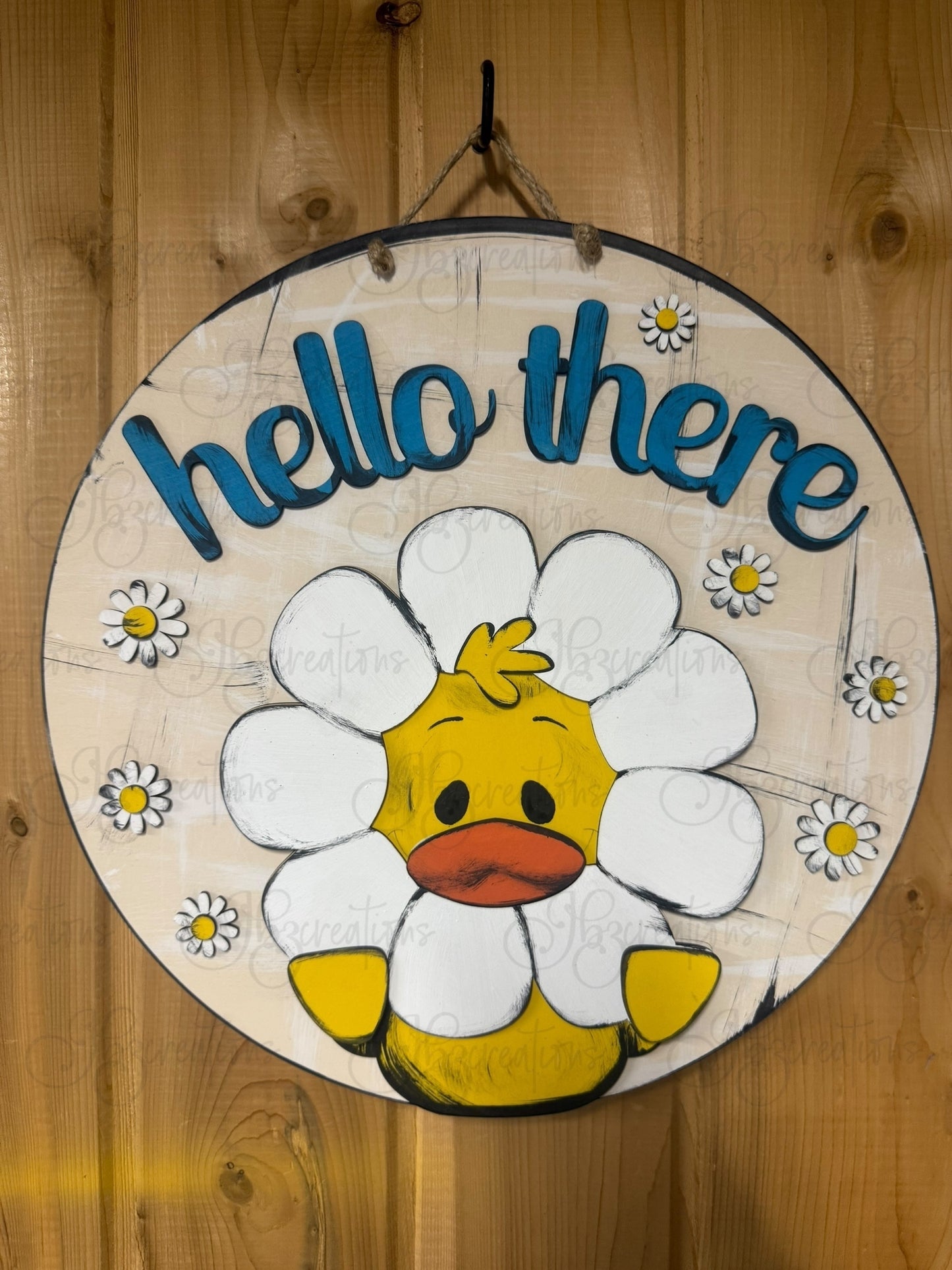 Duck Holding a Daisy Hello There Welcome Door Hanger Door Welcome Round Sign