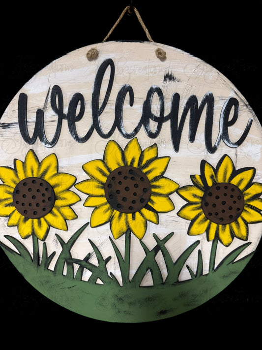 Sunflower Welcome Door Hanger Three Sunflower Welcome Round Sign