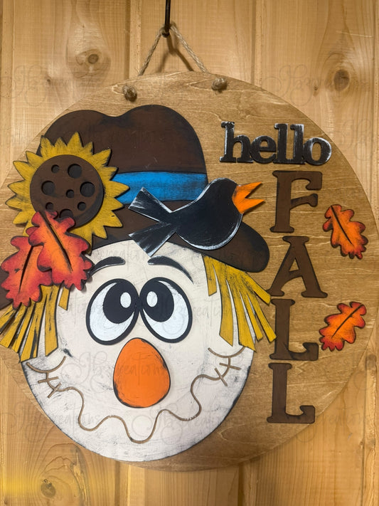 Hello Fall Scarecrow Welcome Round Door Hanger Autumn Welcome Sign