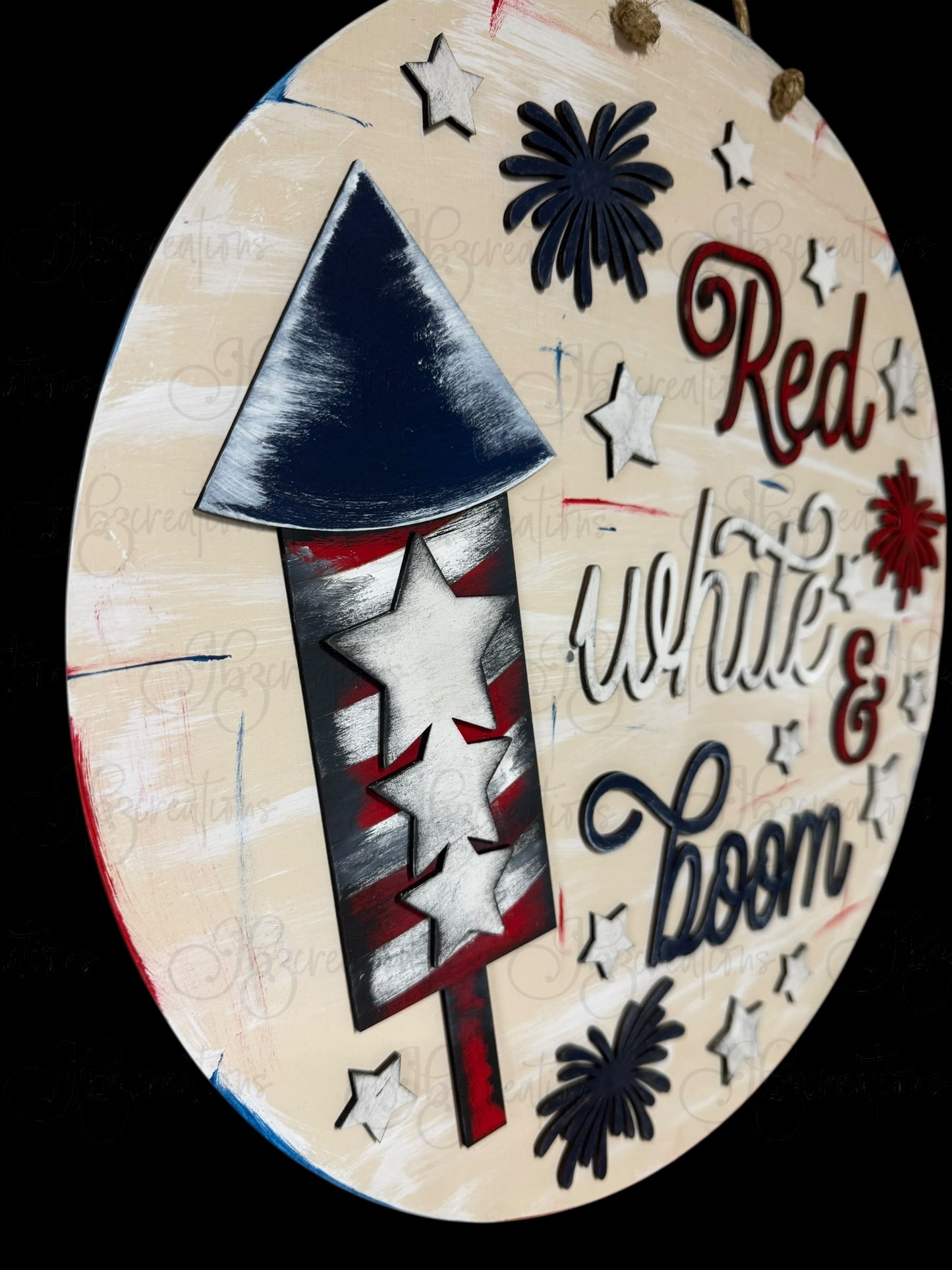 Red, White &  Boom Fourth of July Welcome Door Hanger Fireworks Independence Day Welcome Round Sign