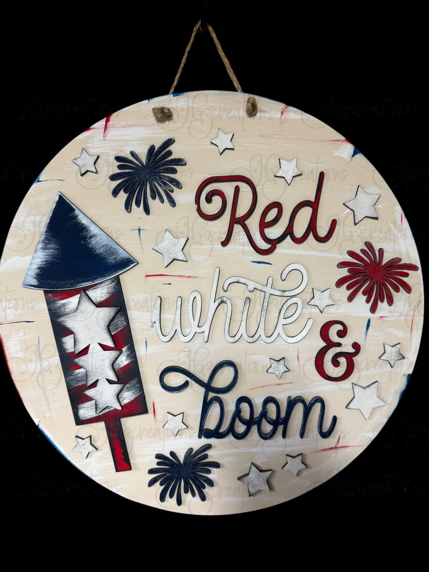Red, White &  Boom Fourth of July Welcome Door Hanger Fireworks Independence Day Welcome Round Sign