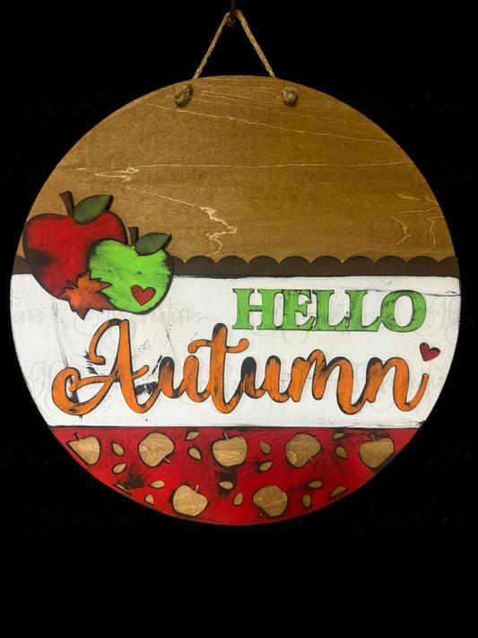 Hello Autumn Apples Round Door Hanger Welcome Sign