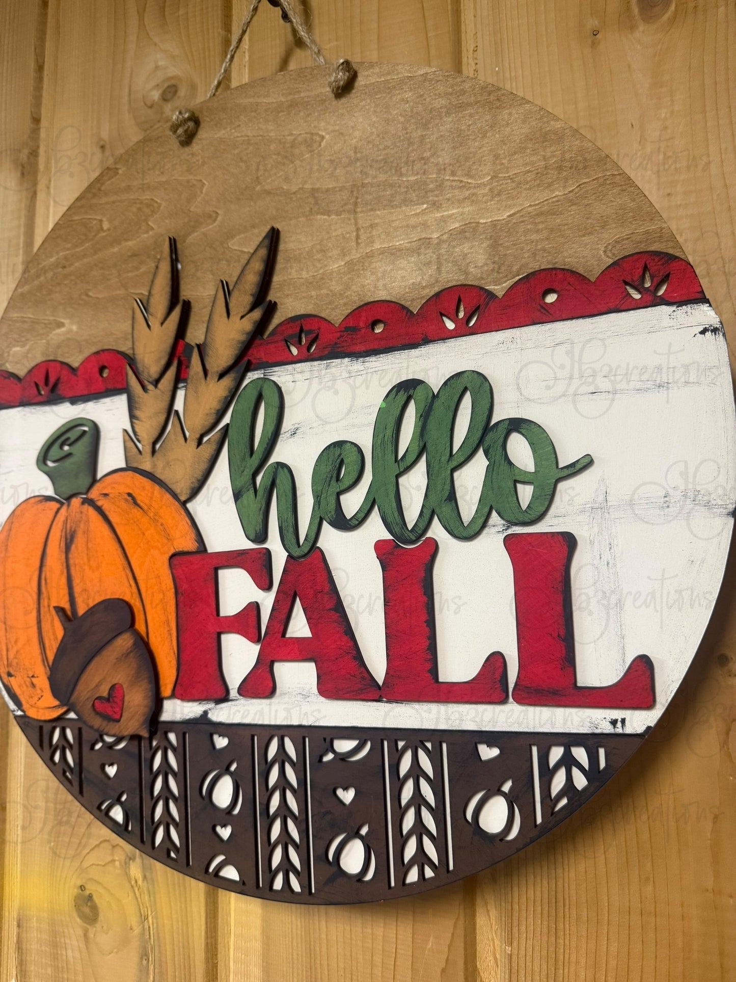 Hello Fall Pumpkin Acorn or Corn Stalk Round Door Hanger Welcome Sign