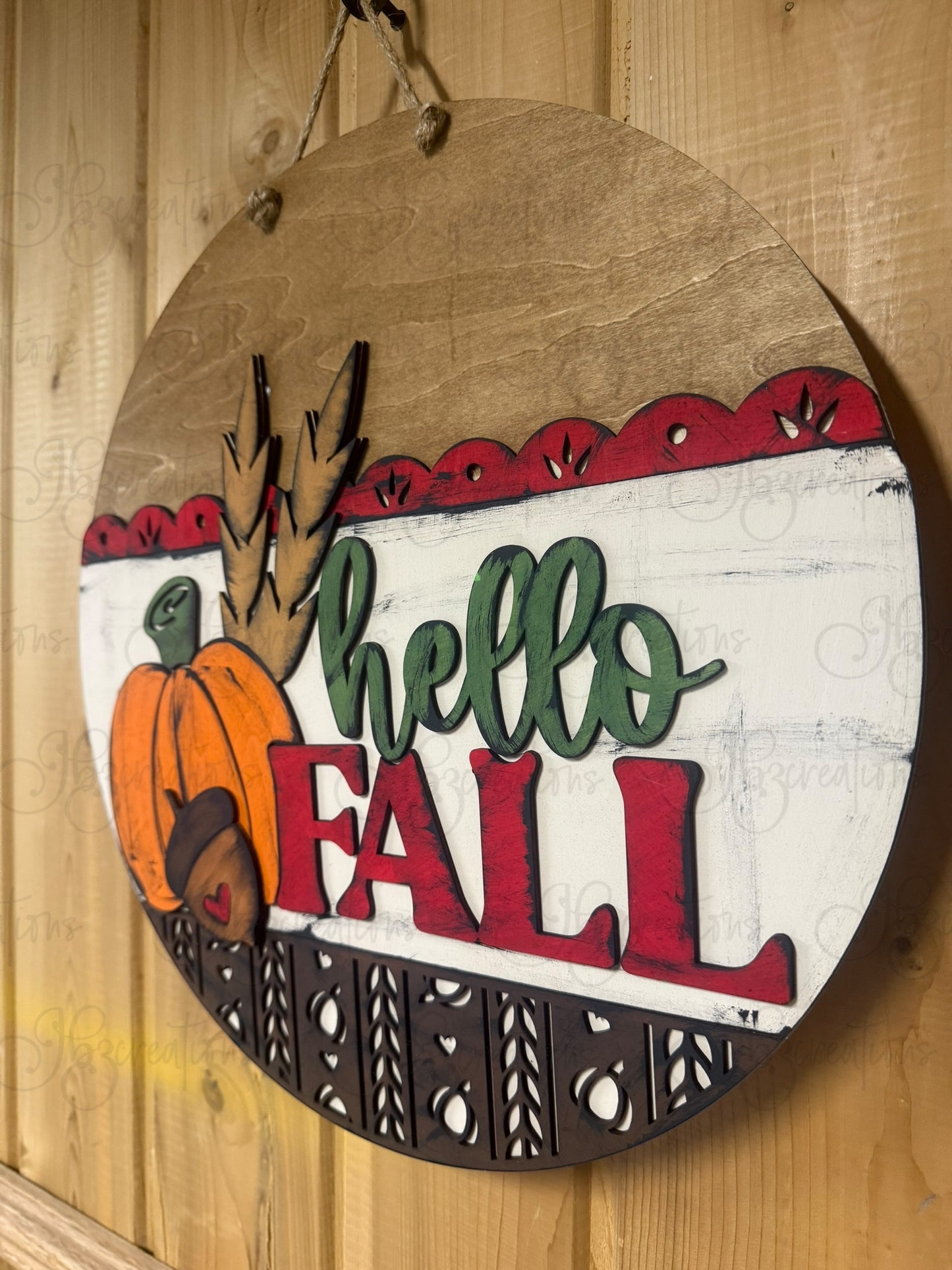 Hello Fall Pumpkin Acorn or Corn Stalk Round Door Hanger Welcome Sign