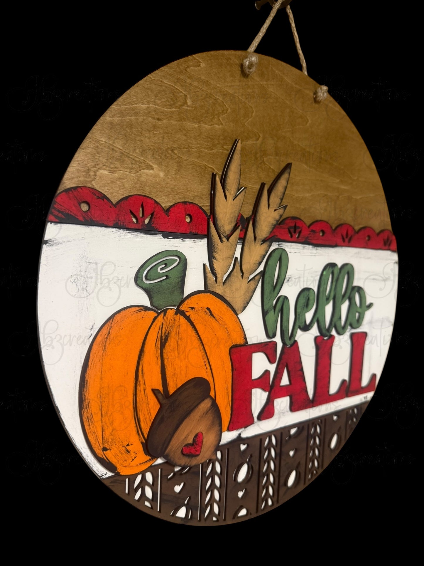 Hello Fall Pumpkin Acorn or Corn Stalk Round Door Hanger Welcome Sign