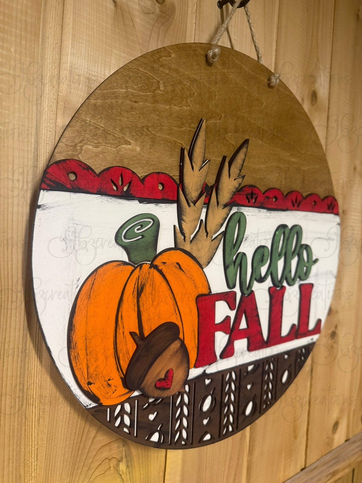 Hello Fall Pumpkin Acorn or Corn Stalk Round Door Hanger Welcome Sign