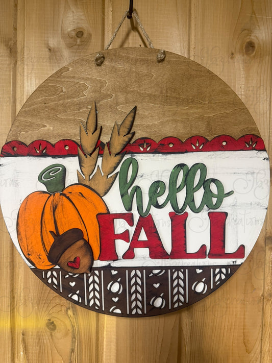 Hello Fall Pumpkin Acorn or Corn Stalk Round Door Hanger Welcome Sign