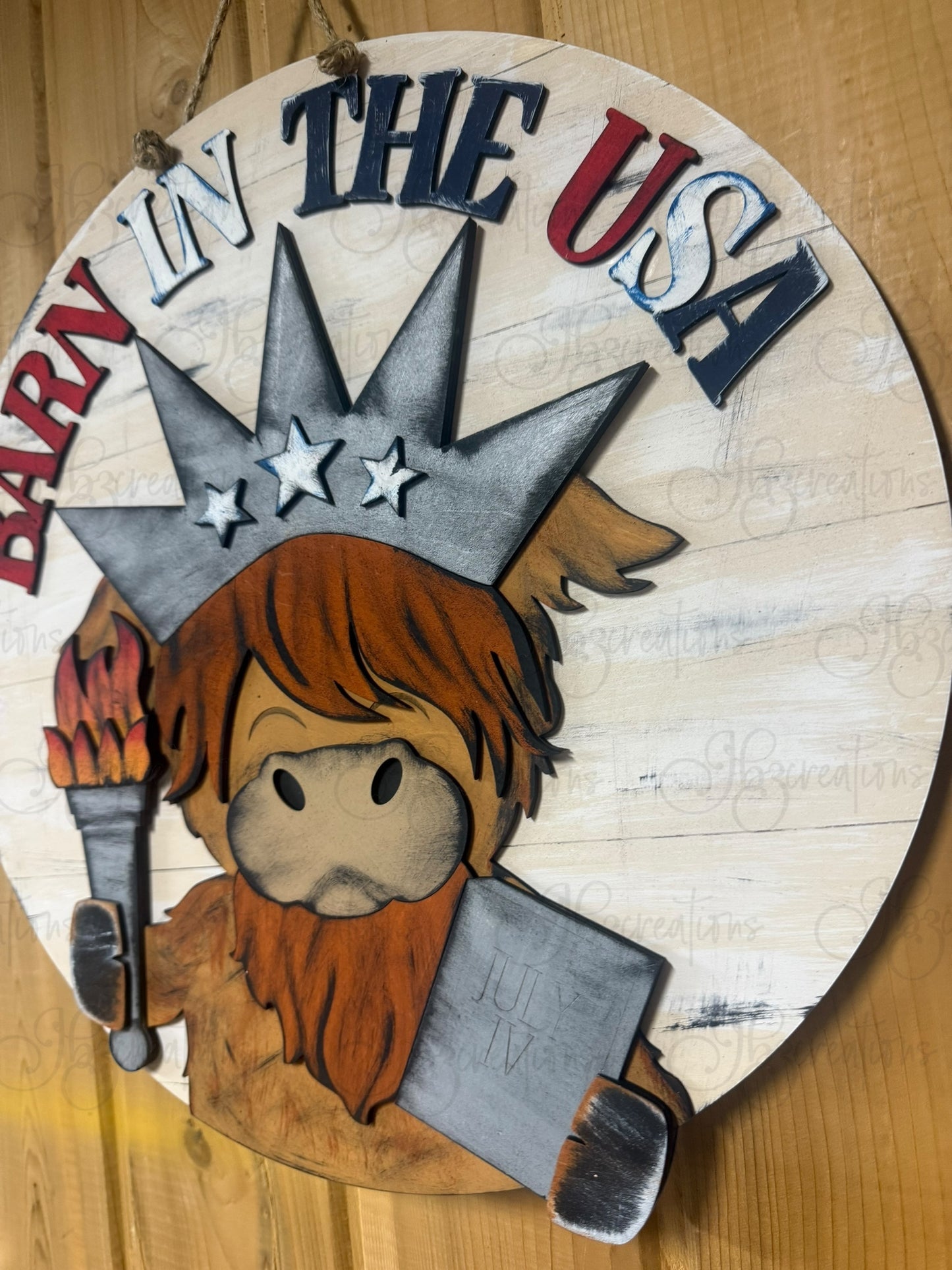 Barn in the USA Highland Cow Patriotic 4th of July Round Door Hanger Welcome Sign