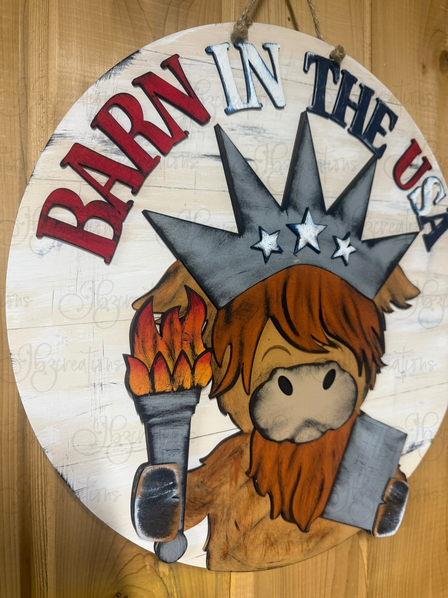 Barn in the USA Highland Cow Patriotic 4th of July Round Door Hanger Welcome Sign