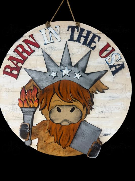 Barn in the USA Highland Cow Patriotic 4th of July Round Door Hanger Welcome Sign