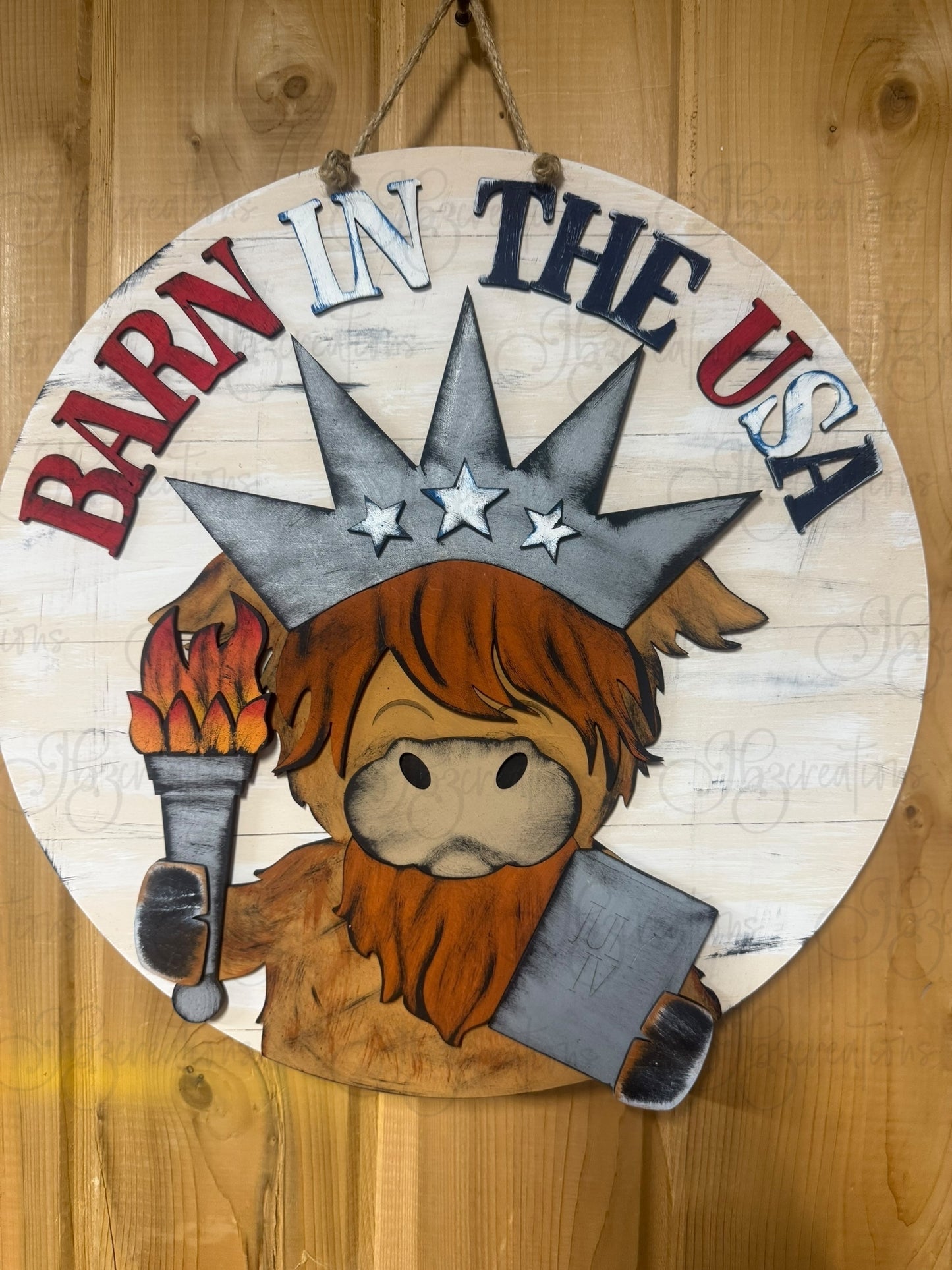 Barn in the USA Highland Cow Patriotic 4th of July Round Door Hanger Welcome Sign