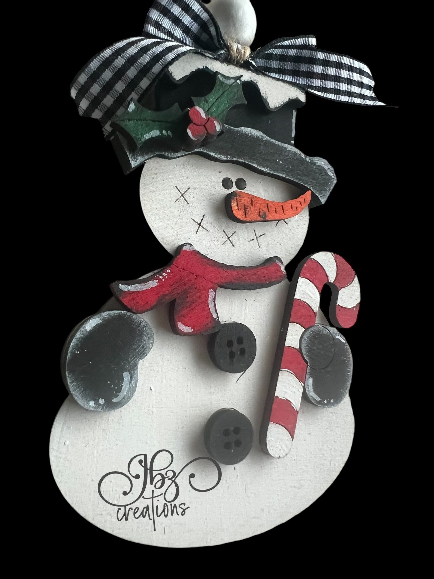 Snowman Holding a Candy Cane Christmas Tree Ornament