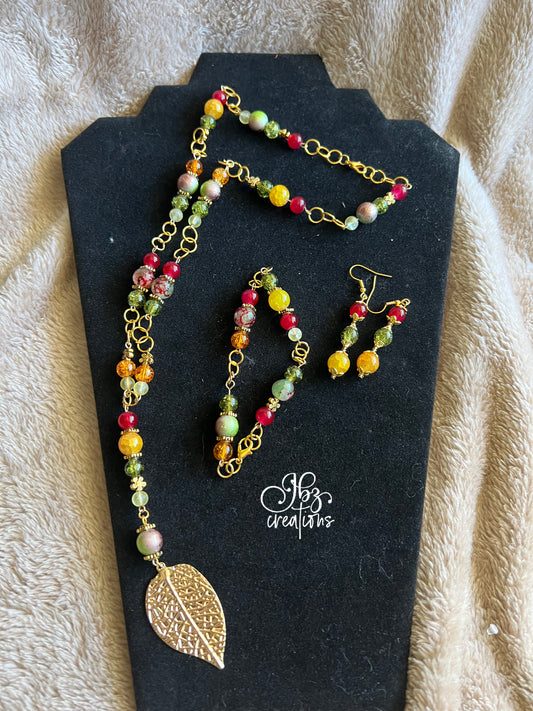 Green, Red, Yellow and Gold Bead Jewelry Set