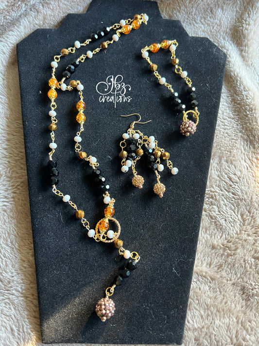 Stunning Black, Orange, White and Gold Glass Bead Jewelry Set