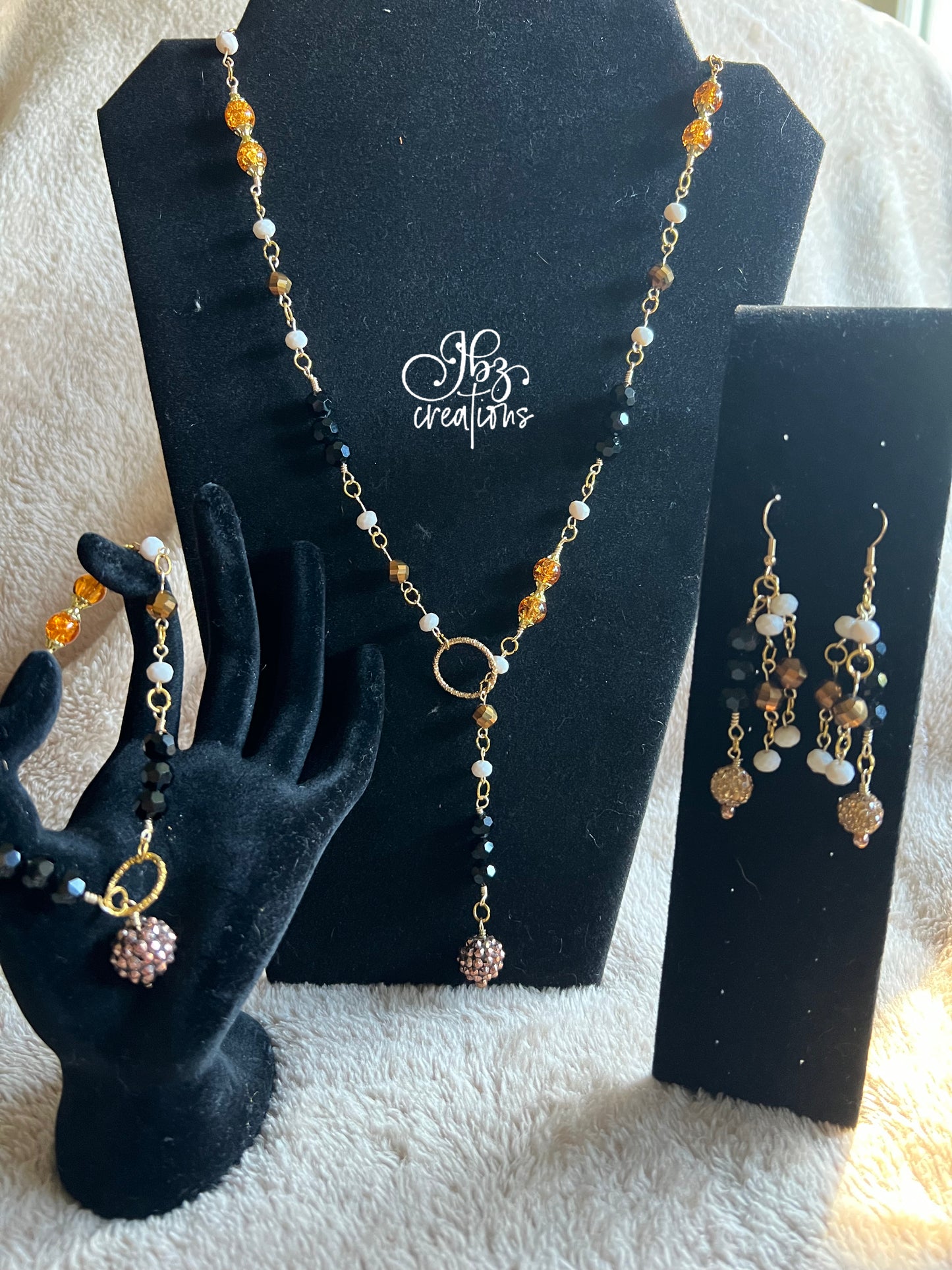Stunning Black, Orange, White and Gold Glass Bead Jewelry Set
