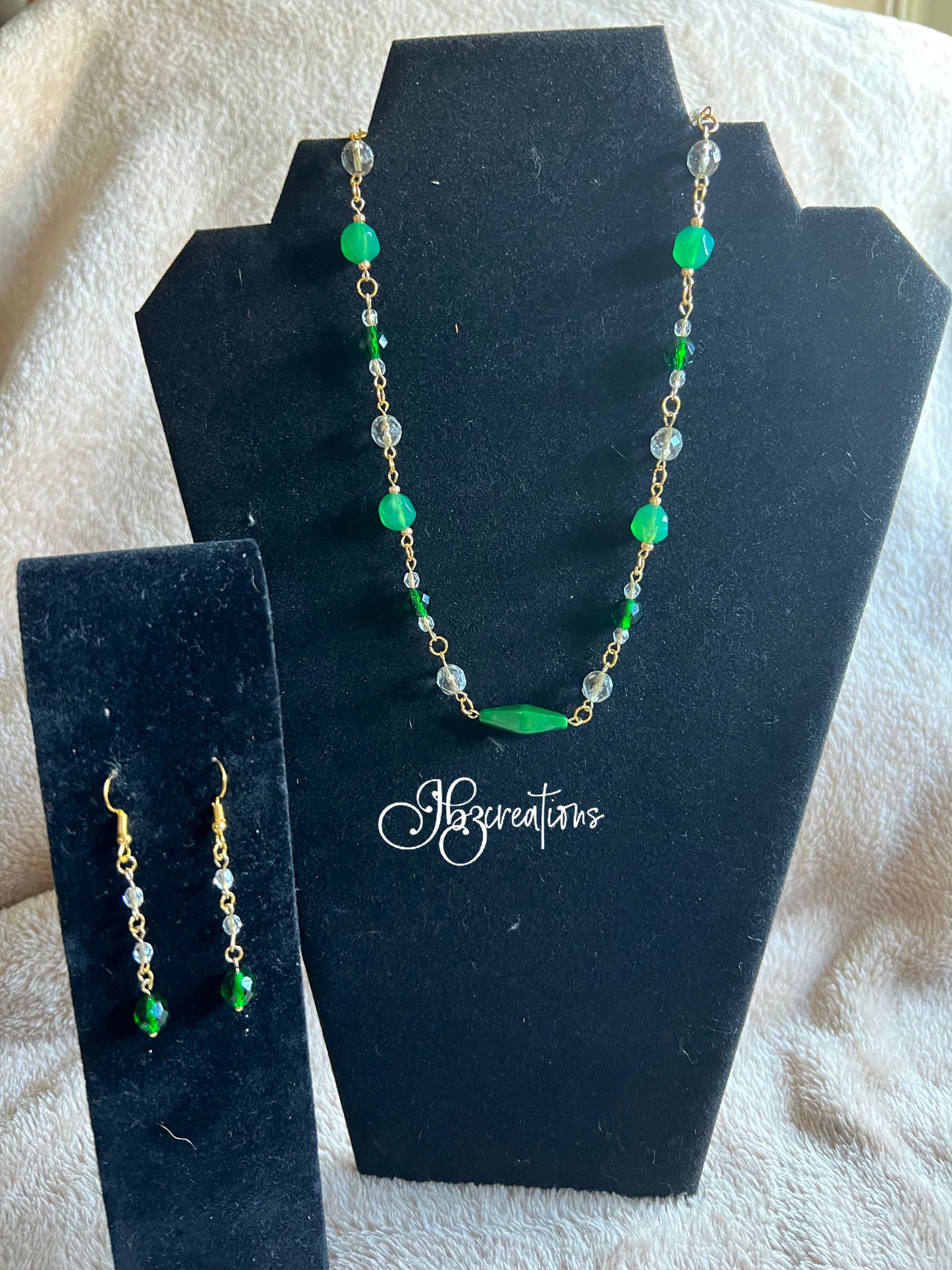 Green, Clear and Silver Glass Bead Necklace and Earring Set