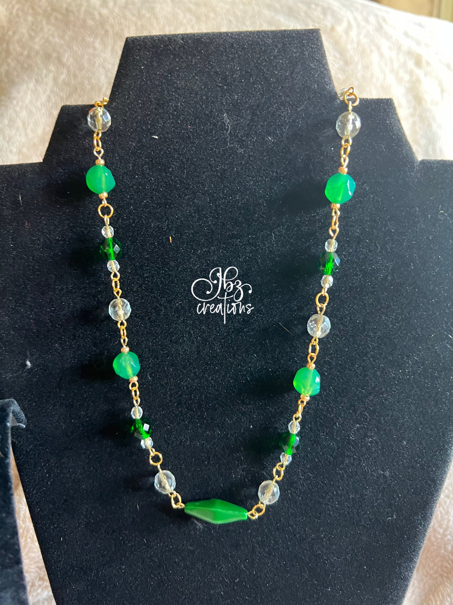 Green, Clear and Silver Glass Bead Necklace and Earring Set