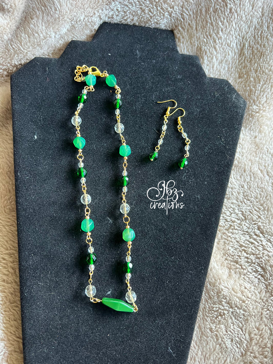 Green, Clear and Silver Glass Bead Necklace and Earring Set