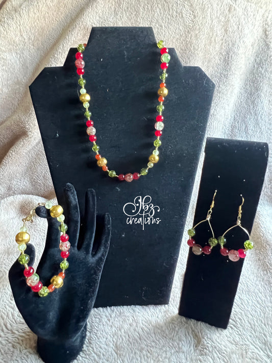 Gold, Red, and Green Glass Bead Jewelry Set