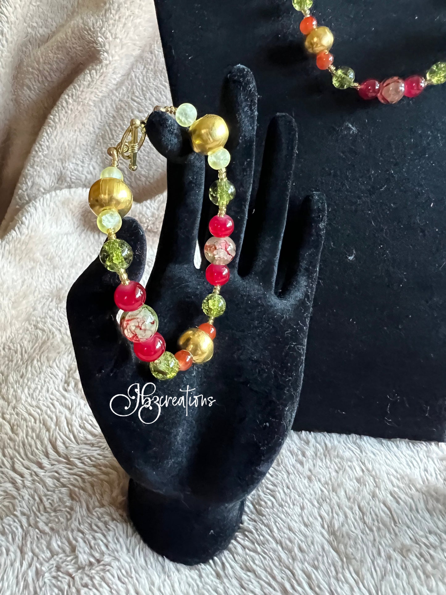 Gold, Red, and Green Glass Bead Jewelry Set