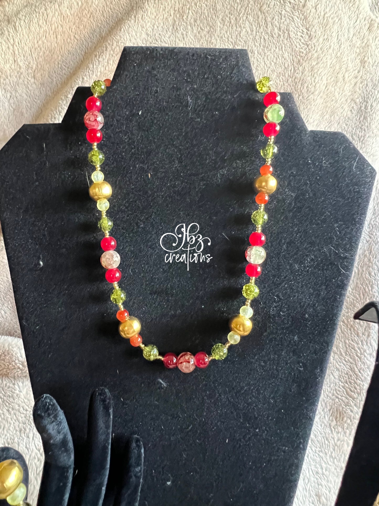 Gold, Red, and Green Glass Bead Jewelry Set